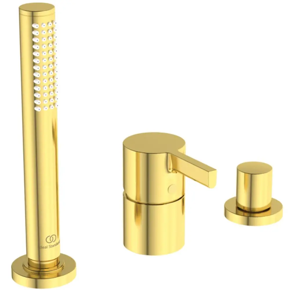 Drei-teiliges Wannenrandarmaturen-Set in gebürstetem Gold, bestehend aus Handbrause, Umsteller und Bedienhebel, von Ideal Standard.